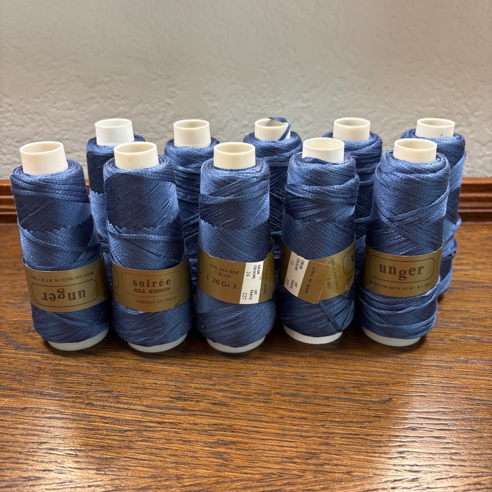 Vtg Unger Soirée 100% Silk Novelty Ribbon Yarn #24 Blue Lot of 10 Made In Italy